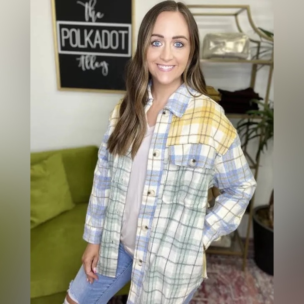 Polagram Late Night Talking Shacket. Yellow & Blue. Size L. NWT!